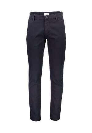Navy blue stretch cotton pants with a slim fit, featuring a button closure, belt loops, and four pockets. Smooth texture and clean design.