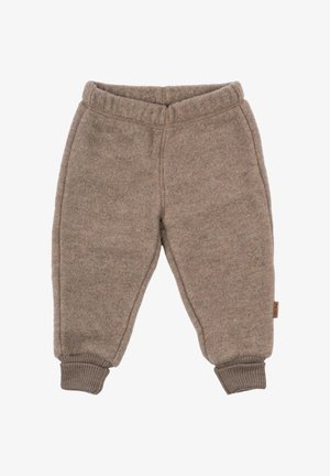 Pruunid fliisist dressipüksid elastse vöökohaga, kitsenevate sääremansettide ja väikese logomärgiga küljes. Pehme tekstuur ja vabaaja disain.