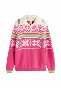 Roze gebreide trui met een witte kraag, ritsluiting en een fair isle patroon, voorzien van regenboogstrepen op de schouders en manchetten.