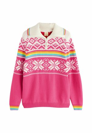 Roosa kudumilõngaga sviiter valge kaelusega, lukuga ja fair isle mustriga, millel on vikerkaare triibud õlgadel ja mansettidel.