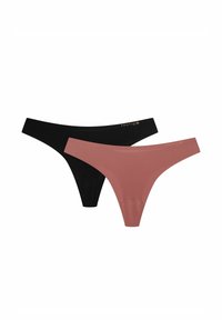 Dwie pary japonek: jedna czarna i jedna w delikatnym różu. Wykonane z gładkiego materiału, cechujące się minimalistycznym designem i elastycznymi pasami w talii.
