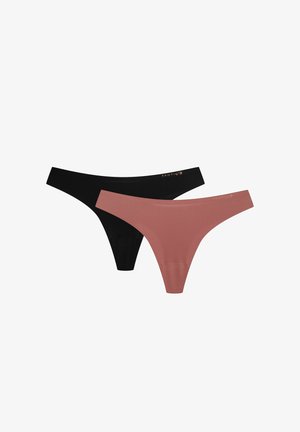 Zwei Paar Zehentrenner: eines in Schwarz und eines in zartem Rosa. Hergestellt aus glattem Material, mit minimalistischem Design und elastischen Bundbändern.