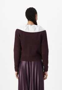 Person med flätat hår som bär en mörk lila tröja med krage av vit spets och en matchande plisserad kjol, vänd bort.