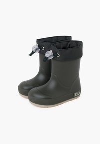 Bottes de pluie en caoutchouc noires avec une semelle à grip texturé, un revers en tissu pliable et des cordons ajustables en haut. Logo de la marque affiché sur le côté.