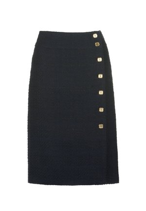 Black textured pencil skirt with high waist and six gold square buttons arranged vertically on one side.