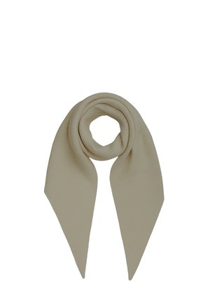 Beige textured fabric scarf folded in a loop with pointed ends, set against a white background.