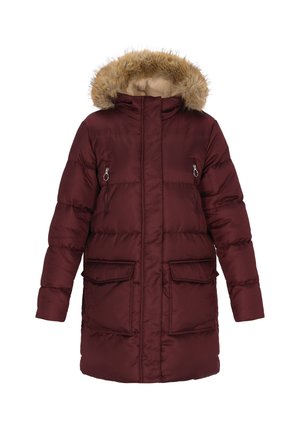 Bordeaux gewatteerde parka met een nepbont capuchon, voorzien van ritsvakjes op de borst, grote onderste zakken en een middellange snit.