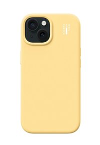Funda de teléfono de silicona amarilla con cortes precisos para cámaras duales, textura suave y un sutil logotipo en el lateral.