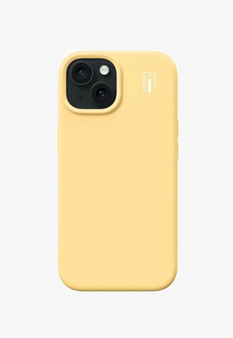 Husa de telefon din silicon galben, cu decupaje precise pentru camerele duale, textură netedă și branding subtil pe lateral.