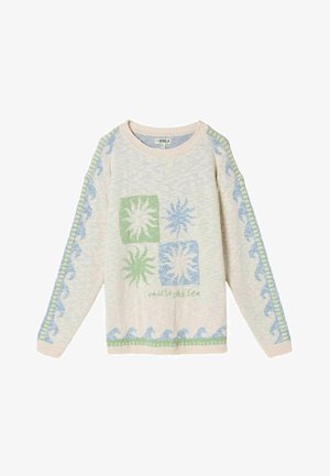 Pitkähihainen kerma-collegepaita, jossa sinisiä ja vihreitä auringon ja aaltokuvioita edessä ja hihoissa, teksti "salute the sea".