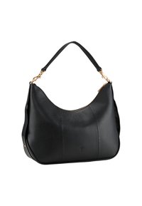 Borsa a spalla in pelle nera con una finitura testurizzata, silhouette curva, dettagli in metallo dorato e chiusura con zip nella parte superiore.