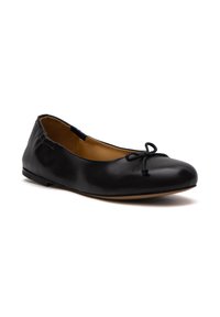 Ballerine in pelle nera con punta tondeggiante, fiocco decorativo sulla parte anteriore e suola flessibile. L'interno è caratterizzato da una fodera di un colore beige chiaro.