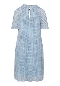 Robe midi bleu clair à manches courtes, petit motif géométrique, tissu plissé et encolure goutte d’eau avec fermeture par bouton.
