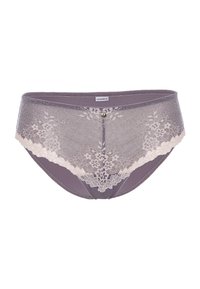 Mutande in pizzo e microfibra color malva, con dettagli in pizzo floreale e un morbido bordo crema, dotate di un bottone decorativo a forma di cuore sul fronte.