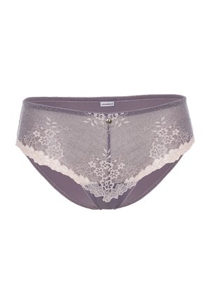 Mutande in pizzo e microfibra color malva, con dettagli in pizzo floreale e un morbido bordo crema, dotate di un bottone decorativo a forma di cuore sul fronte.