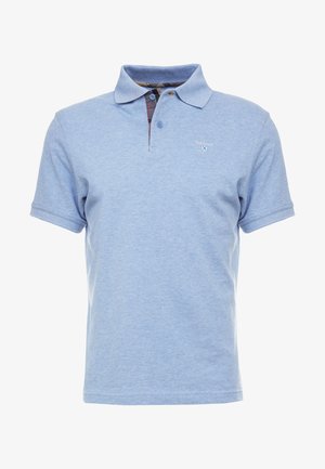 Light blue polo shirt in cotton, featuring a three-button placket and a subtle logo on the chest. Short sleeves with ribbed cuffs.