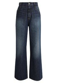 Spodnie dżinsowe typu wide-leg w ciemnym denimu, z wysokim stanem, standardowymi kieszeniami i klasycznym zapięciem na guzik. Gładka tekstura, subtelne detale z efektem blaknięcia.