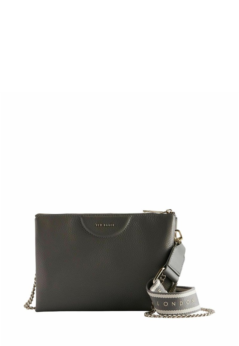 Borsa a pochette nera in pelle con finitura testurizzata, dotata di una parte superiore curva, hardware color oro e una tracolla staccabile con stampa "LONDON".