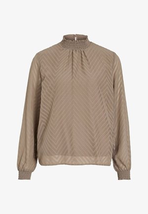 Long-sleeve blouse in light brown with a high smocked neck, featuring a chevron pattern and gathered cuffs for a textured appearance.