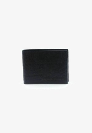 Black leather wallet with a textured finish, bi-fold design, and subtle branding. Compact shape suitable for cards and cash.