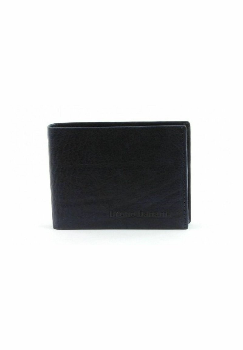 Portefeuille en cuir noir avec une finition texturée, design pliable à deux volets et branding subtil. Forme compacte idéale pour les cartes et les billets.