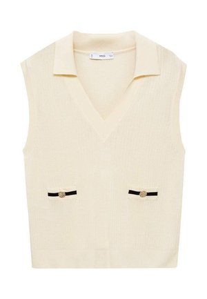 Top senza maniche color crema con scollatura a V, texture a coste e due tasche sul petto con bottoni dorati e dettagli neri.