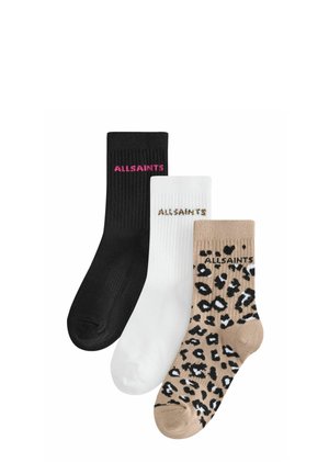 Three pairs of mid-calf socks: black with pink ALLSAINTS text, white with leopard print ALLSAINTS text, and beige with black and white leopard print.