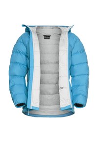 Blauwe pufferjack met een grijze binnenvoering, voorzien van een rits aan de voorkant, een capuchon en geribde mouwen. Gemaakt van lichtgewicht, duurzaam materiaal.