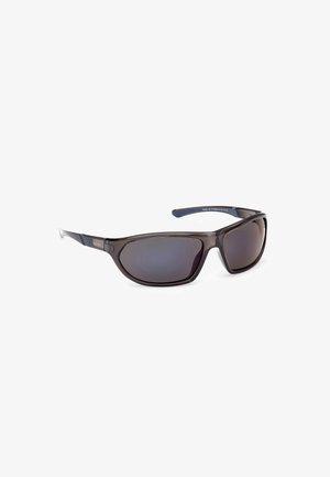 Ochelari de soare polarizați cu un cadru gri închis, accente albastre și lentile cu efect gradient. Finisaj neted cu un design sportiv și formă curbată.