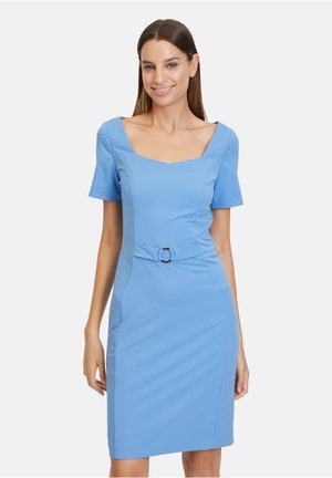 Light blue fitted dress with short sleeves, square neckline, and waist belt featuring a circular buckle. Smooth fabric with side seams.