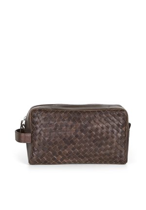 Brown leather toiletry pouch with woven texture, rectangular shape, silver zipper, and a side handle for easy carrying.