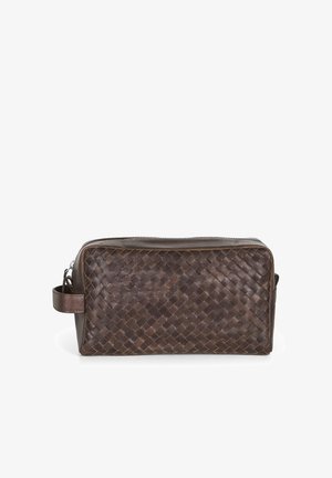 Brown leather toiletry pouch with woven texture, rectangular shape, silver zipper, and a side handle for easy carrying.