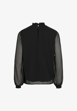 Svart blus med långa genomskinliga ärmar, smockad krage och nyckelhålsdetalj på ryggen. Tillverkad av lättviktsmaterial med en texturerad finish.