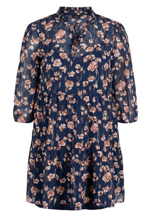 Granatowa sukienka do kolan z długimi przezroczystymi rękawami i różowym kwiatowym wzorem, z falbanianym kołnierzem i wielowarstwową spódnicą.