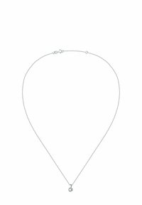 Silberner Anhänger mit einer zarten Kette und einem klaren, runden Anhänger in der Mitte, der eine polierte Oberfläche und ein minimalistisches Design aufweist.