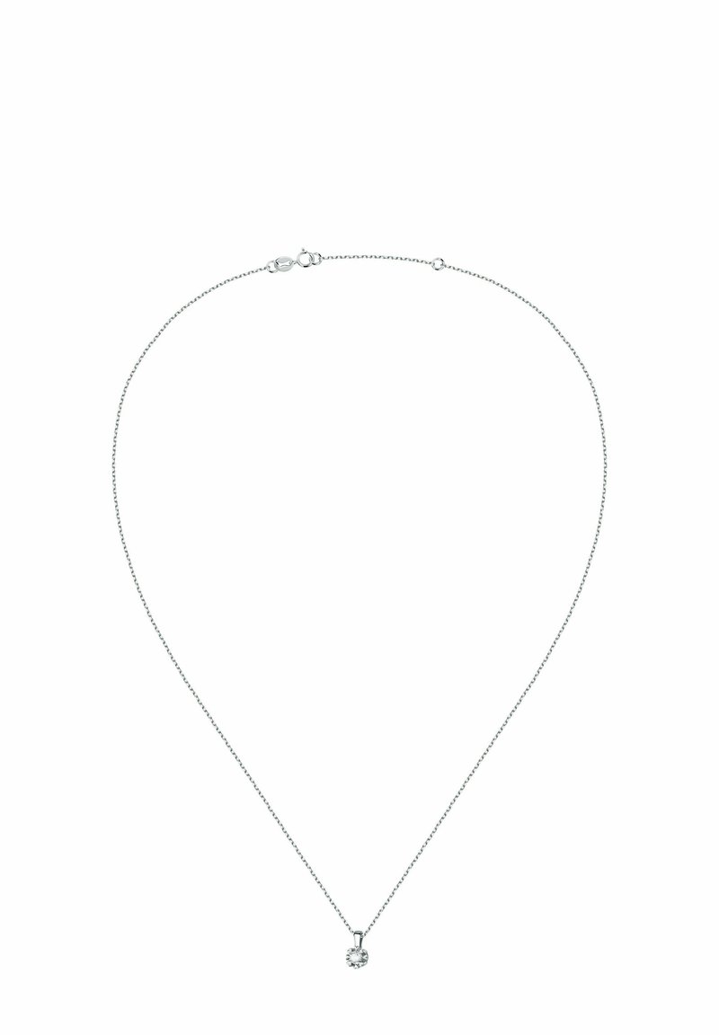 Silberner Anhänger mit einer zarten Kette und einem klaren, runden Anhänger in der Mitte, der eine polierte Oberfläche und ein minimalistisches Design aufweist.