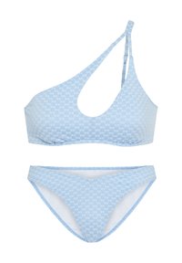 Light blue bikini with a patterned design, featuring a one-shoulder top and V-shaped detail on the bottom. Smooth fabric with minimal hardware.