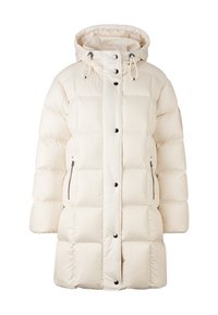 Cream-colored puffer jacket with a hood, featuring a button-down front, two side zip pockets, and boxy quilted design.