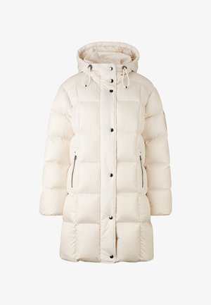 Cremfarbige Pufferjacke mit Kapuze, mit durchgehender Knopfleiste, zwei seitlichen Reißverschluss-Taschen und kastiger, gesteppter Optik.