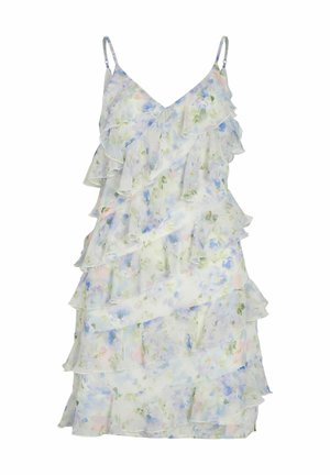 Ujjatlan, fehér, virágmintás ruha kék és zöld részletekkel, réteges fodrokkal és vékony, állítható vállpántokkal.