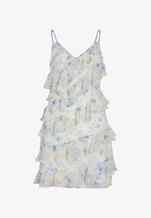 Sukienka bez rękawów w białym kolorze z kwiatowym wzorem w odcieniach niebieskiego i zielonego, ozdobiona warstwowymi falbanami i cienkimi regulowanymi ramiączkami.
