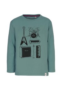 Teal langærmet t-shirt med sorte grafiske prints af musikinstrumenter: elektrisk guitar, trommesæt, forstærker, keyboard og mikrofon.