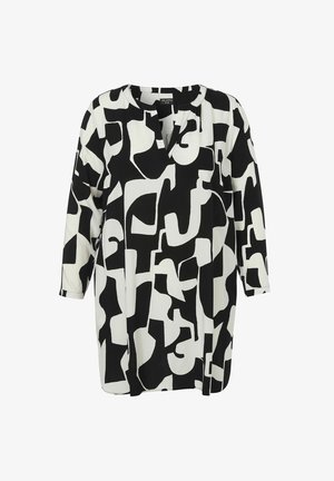 Black and white tunic with a geometric abstract pattern, featuring a v-neck and three-quarter sleeves, made of lightweight fabric.