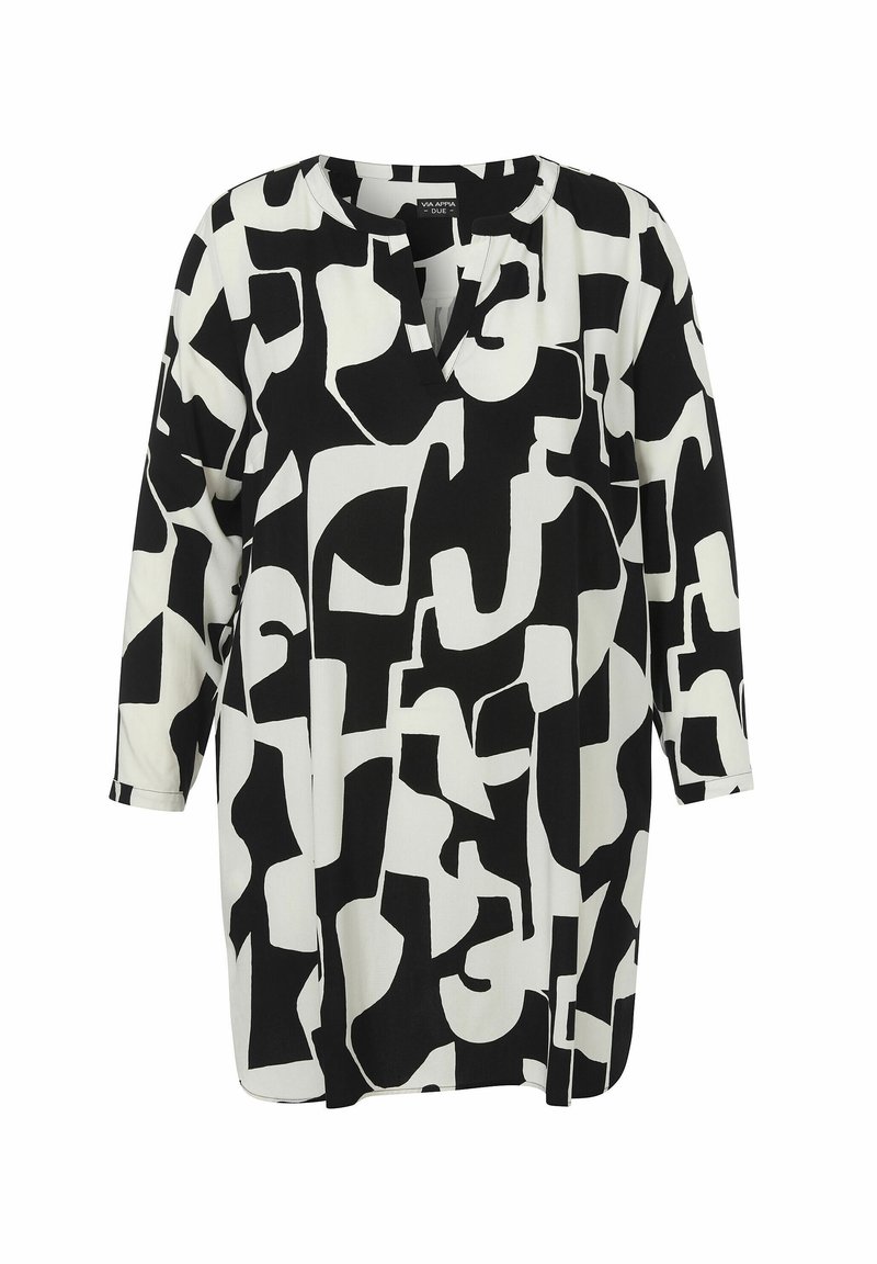 Zwart-witte tuniek met een geometrisch abstract patroon, met een V-hals en driekwartmouwen, gemaakt van lichtgewicht stof.