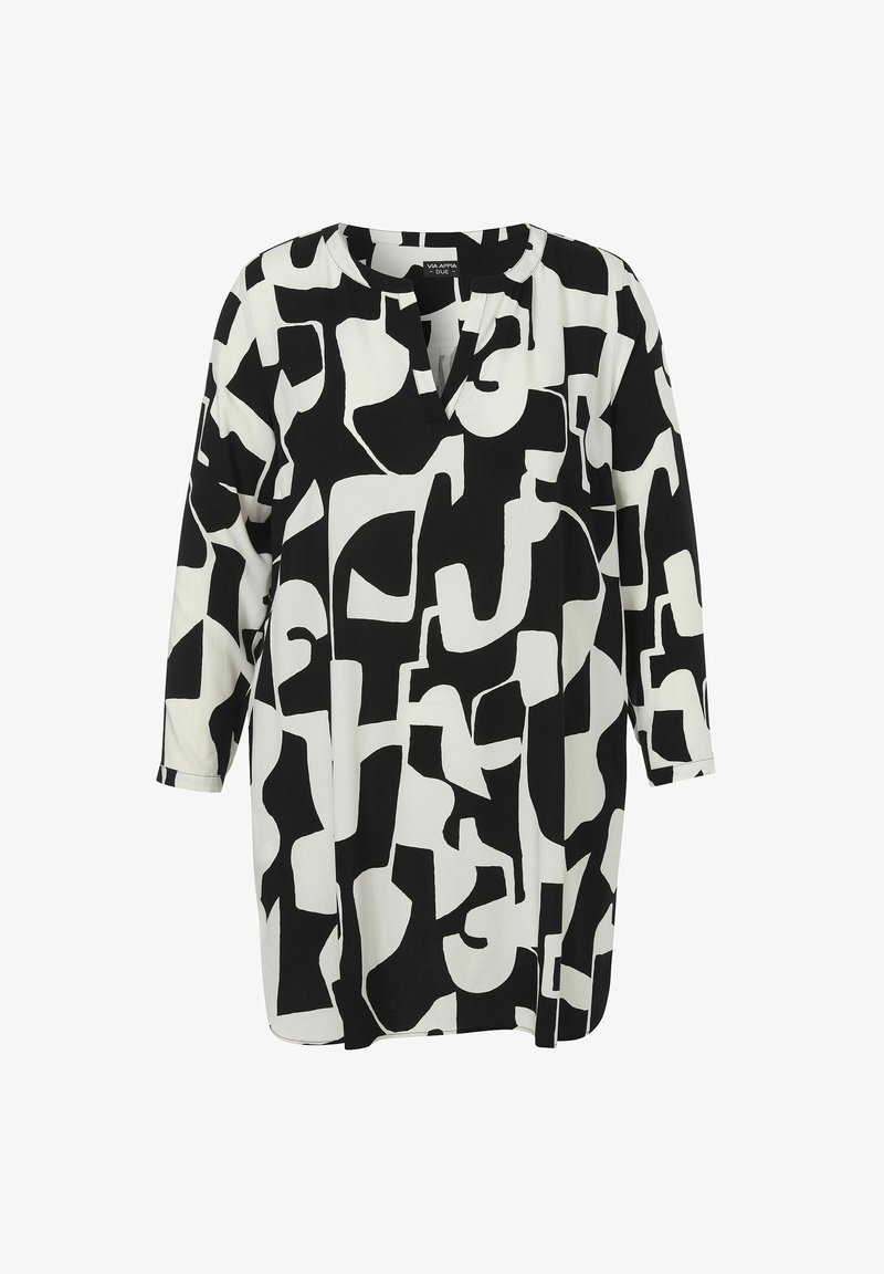 Schwarz-weiße Tunika mit einem geometrischen abstrakten Muster, mit V-Ausschnitt und dreiviertel Ärmeln, aus leichtem Stoff gefertigt.