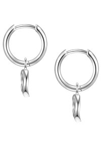 Srebrne obroče z gladkim, zaobljenim oblikovanjem. Vsaki sta priložena valovita čarobna obeska, ki nudita eleganten in sodoben videz.