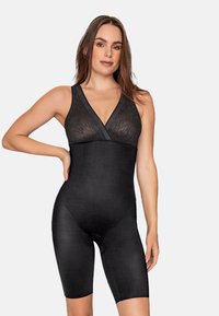 Schwarzer Body mit tiefem V-Ausschnitt, strukturiertem oberen Panel und glattem Stoff. Verfügt über figurbetonte Shorts und ein nahtloses Design.