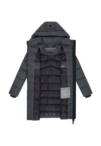 Grey puffer jacket with a high collar, zip closure, interior pockets, and distinctive horizontal stitching. Logo tag visible.