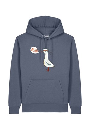 Sweat à capuche bleu avec une poche avant, représentant un oiseau de dessin animé portant un chapeau de marin disant "MOIN" dans une bulle de dialogue.