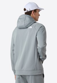 Grå hættejakke med tekstureret stof og elastiske manchetter. Viser The North Face-logoet på ryggen. Udsigten viser ryggen og hætten.